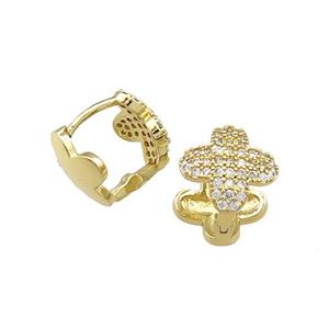 Copper Latchback Earrings Pave Zircon Clover Gold Plated, approx 11mm [FN39667]