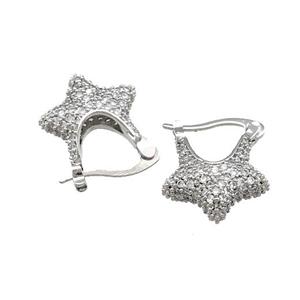 Copper Latchback Earrings Pave Zircon Star Platinum Plated, approx 14-17mm [FN39678]