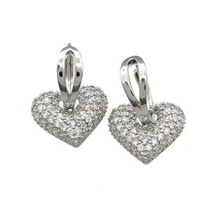 Copper Hoop Earrings Heart Pave Zircon Platinum Plated, approx 14mm, 14mm dia [FN39691]