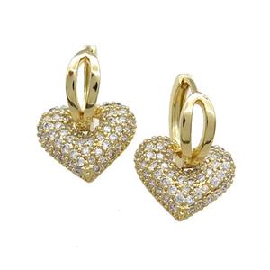 Copper Hoop Earrings Heart Pave Zircon Gold Plated, approx 14mm, 14mm dia [FN39692]