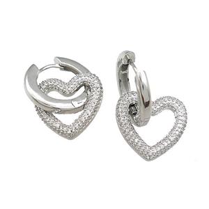 Copper Hoop Earrings Heart Pave Zircon Platinum Plated, approx 20mm, 22mm dia [FN39701]