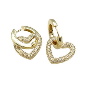 Copper Hoop Earrings Heart Pave Zircon Gold Plated, approx 20mm, 22mm dia [FN39702]
