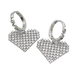 Copper Hoop Earrings Heart Pave Zircon Platinum Plated, approx 22mm, 14mm dia [FN39703]