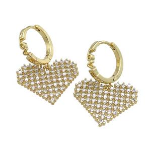 Copper Hoop Earrings Heart Pave Zircon Gold Plated, approx 22mm, 14mm dia [FN39704]