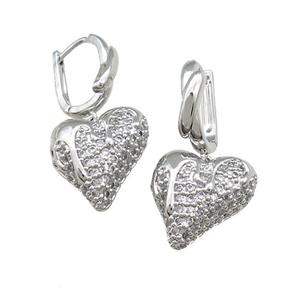Copper Latchback Earrings Heart Pave Zircon Platinum Plated, approx 16-18mm, 12-15mm [FN39705]