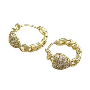Copper Hoop Earrings Pave Zircon Heart Gold Plated, approx 12mm, 23mm dia [FN39712]