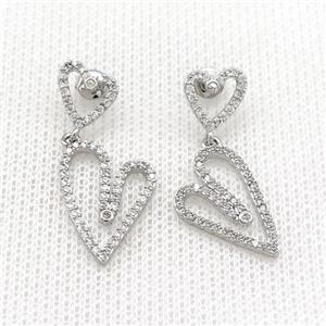 Copper Stud Earrings Heart Pave Zircon Platinum Plated, approx 9-10mm, 13-18mm [FN39719]