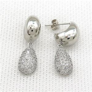Copper Stud Earrings Teardrop Pave Zircon Platinum Plated, approx 8-14mm, 11-13mm [FN39721]
