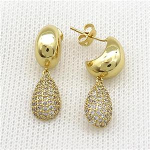 Copper Stud Earrings Teardrop Pave Zircon Gold Plate, approx 8-14mm, 11-13mm [FN39722]