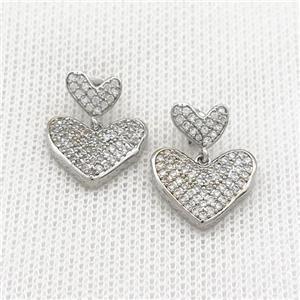 Copper Stud Earrings Heart Pave Zircon Platinum Plated, approx 8mm, 15mm [FN39723]