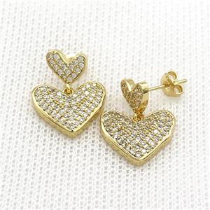 Copper Stud Earrings Heart Pave Zircon Gold Plated, approx 8mm, 15mm [FN39724]