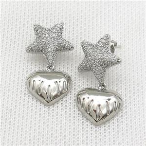 Copper Star Stud Earrings Pave Zircon Heart Platinum Plated, approx 15mm, 16mm [FN39725]