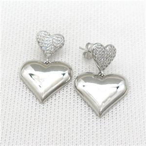 Copper Heart Stud Earrings Pave Zircon Platinum Plated, approx 11mm, 20mm [FN39727]