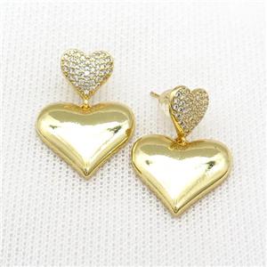 Copper Heart Stud Earrings Pave Zircon Gold Plated, approx 11mm, 20mm [FN39728]