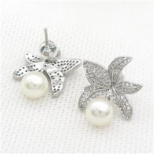 Copper Flower Stud Earrings Pave Zircon Pearlized Plastic Platinum Plated, approx 8mm, 21mm [FN39730]