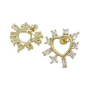 Copper Heart Stud Earrings Pave Zircon Gold Plated, approx 20mm [FN39733]