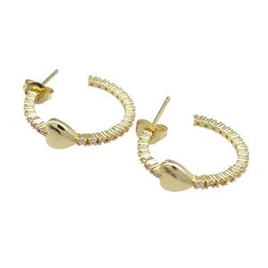 Copper Stud Earrings Pave Zircon Heart Gold Plated, approx 6mm, 19mm dia [FN39736]
