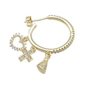 Copper Stud Earrings Pave Zircon Heart Cross Gold Plated, approx 5-8mm, 23mm dia [FN39737]