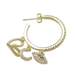 Copper Stud Earrings Pave Zircon Heart Eye Gold Plated, approx 6-12mm, 23mm dia [FN39738]