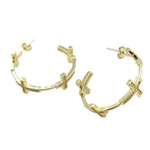 Copper Stud Earrings Cross Pave Zircon Gold Plated, approx 10mm, 35mm dia [FN39743]