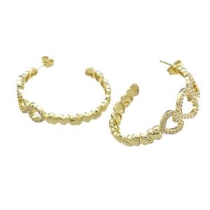 Copper Stud Earrings Heart Pave Zircon Gold Plated, approx 5mm, 10mm, 35mm dia [FN39744]