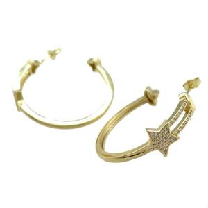 Copper Stud Earrings Pave Zircon Star Gold Plated, approx 10mm, 35mm dia [FN39755]