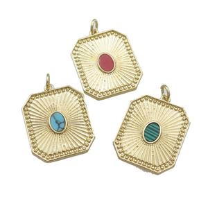 Copper Rectangle Pendant Pave Gemstone Gold Plated Mixed, approx 19-22mm [FN39764]