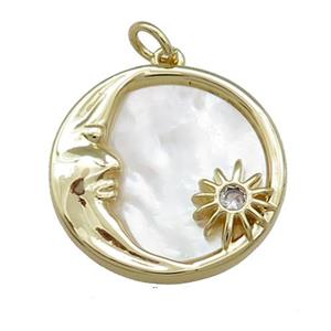 Moon Charms Copper Circle Pendant Pave Shell Star Gold Plated, approx 20mm [FN39815]