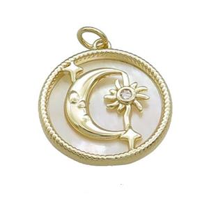 Moon Charms Copper Circle Pendant Pave Shell Star Gold Plated, approx 20mm [FN39816]