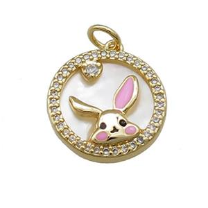 Rabbit Charms Copper Circle Pendant Pave Shell Zircon Gold Plated, approx 16mm [FN39820]
