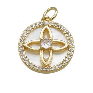 Flower Charms Copper Circle Pendant Pave Shell Zircon Gold Plated, approx 16mm [FN39823]