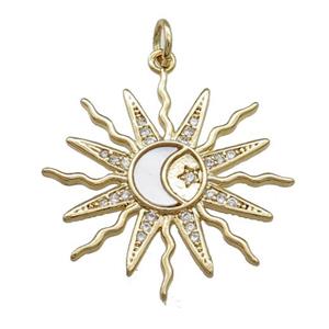 Sun Ray Charms Copper Pendant Pave Shell Zircon Moon Gold Plated, approx 25mm [FN39842]