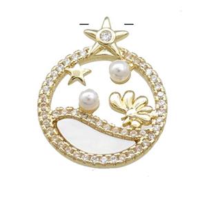 Copper Circle Pendant Pave Shell Zircon Star Flower Gold Plated, approx 17mm [FN39844]