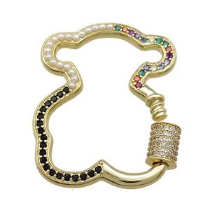 Bear Charms Copper Carabiner Clasp Pave Pearlized Resin Zircon Gold Plated, approx 28-35mm [FN39852]