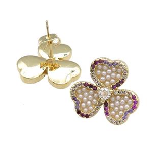 Copper Clover Stud Earrings Pave Pearlized Shell Zircon Gold Plated, approx 20mm [FN39854]