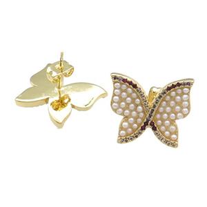 Copper Butterfly Stud Earrings Pave Pearlized Resin Zircon Gold Plated, approx 16-18mm [FN39855]