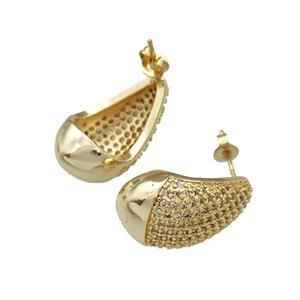 Copper Teardop Stud Earrings Pave Zircon Dome Gold Plated, approx 14-24mm [FN39887]