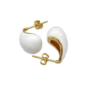 Copper Teardrop Stud Earrings White Enamel Gold Plated, approx 10-18mm [FN39895]