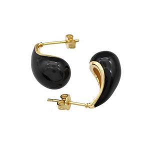 Copper Teardrop Stud Earrings Black Enamel Gold Plated, approx 10-18mm [FN39896]