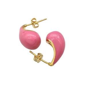 Copper Teardrop Stud Earrings Pink Enamel Gold Plated, approx 10-18mm [FN39897]