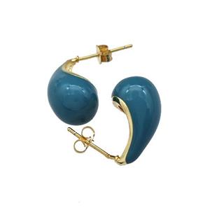 Copper Teardrop Stud Earrings Teal Enamel Gold Plated, approx 10-18mm [FN39898]