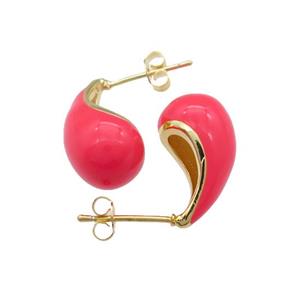 Copper Teardrop Stud Earrings Red Enamel Gold Plated, approx 10-18mm [FN39899]