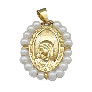 Virgin Mary Charms Copper Oval Pendant Prayer With Pearlized Resin Wire Wrapped Gold Plated, approx 18-25mm [FN39917]