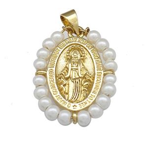 Virgin Mary Charms Copper Oval Pendant With Pearlized Resin Wire Wrapped Gold Plated, approx 18-25mm [FN39918]