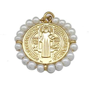 Saint Jude Charms Copper Circle Pendant With Pearlized Resin Wire Wrapped Gold Plated, approx 25mm [FN39920]