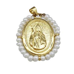Saint Jude Charms Copper Oval Pendant With Pearlized Resin Wire Wrapped Gold Plated, approx 25-30mm [FN39921]