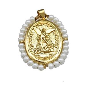 Fairy Charms Copper Oval Pendant With Pearlized Resin Wire Wrapped Gold Plated, approx 25-30mm [FN39922]