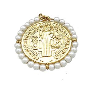 Saint Jude Charms Copper Circle Pendant With Pearlized Resin Wire Wrapped Gold Plated, approx 30mm [FN39923]