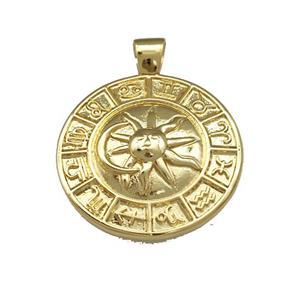 Zodiac Horoscope Charms Copper Sun Moon Pendant Circle Gold Plated, approx 28mm [FN39927]