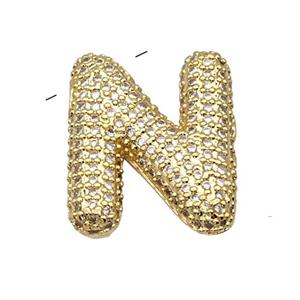 Copper Pendant Pave Zircon Letter-N Gold Plated, approx 16-22mm [FN39965]